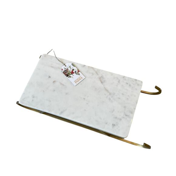 Marble Sledge Holiday Serving Tray 18x8 White & Gold Metal Handmade in India - Picture 4 of 15